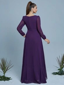 V 领腰带荷叶边下摆雪纺伴娘礼服 - 紫羅蘭色 - 查看 2