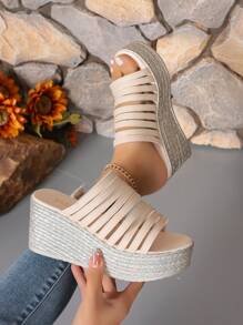 Nuevas sandalias de plataforma cuña de moda duraderas y ligeras de alta gama en beige para mujer - Beis - Ver 4