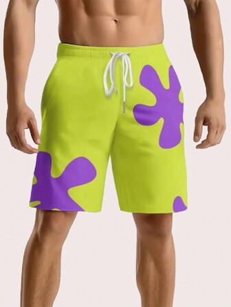 AICJ 1pc Men Polyester Casual Shorts Sleep Bottoms - Regular Fit, Non-Stretchy Woven Fabric, Drawstring Waistband, Pockets, Quick-Drying, Cartoon Floral Pattern, Suitable For Outdoor, Beach, Travel - Spring/Summer Sleep Shorts