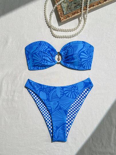 2026 New European & American Style Women's Bikini, Summer Beach Wear, Wireless Cotton Bandeau Top With Tie Back, 2-Piece Set, Comfortable Polyester Ocean Shell Print, Sexy Strapless Design, Fashionable Shell Pendant Chest Decor, High-Cut Sexy Briefs, Suitable For Pool Party, Beach Vacation, Casual Wear. Follow The Store For More Great Products, Looking Forward To Your Positive Reviews.