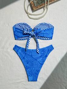 2025 Strój plażowy 2-częściowy damski kostium kąpielowy, zestaw bikini bandeau, wygodny poliester ocean shell druk cyfrowy seksowny top bez ramiączek i wysoko wycięty trójkątny dół, stylowy strój kąpielowy na imprezę/wakacje