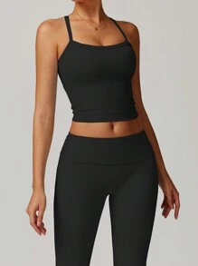 Yefecy 1 件深 U 修身休闲彩色基本款背心，百搭 - 黑色 - 查看 4