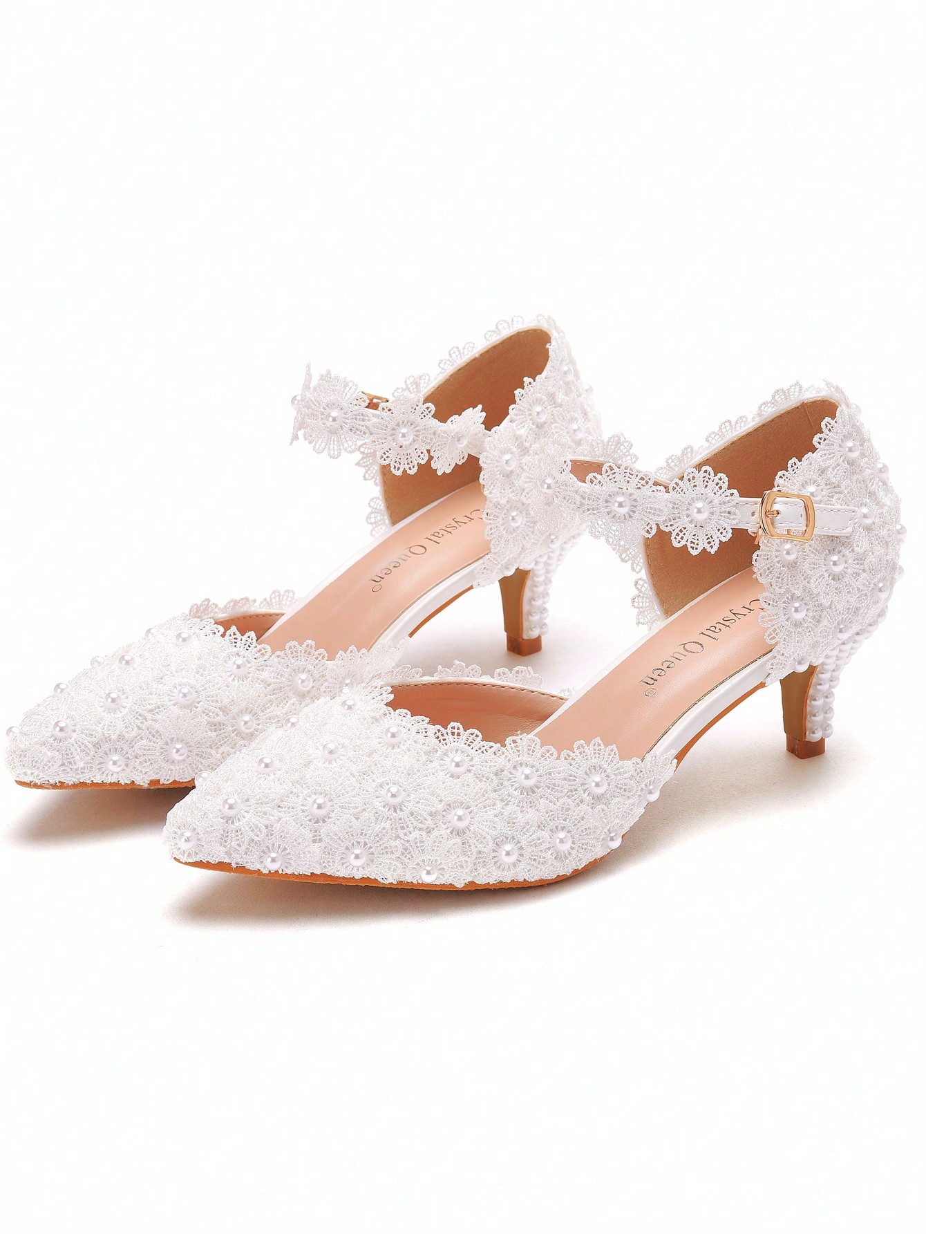 صنادل زفاف بكعب منخفض من الدانتيل الأبيض 5 سم للنس...