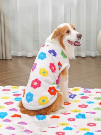1pc Pet Vest, Cat Dog Clothes, Plush Autumn/Winter Outfits, Floral Pattern Fleece Jacket, Suitable For Small/Medium/Large Dogs