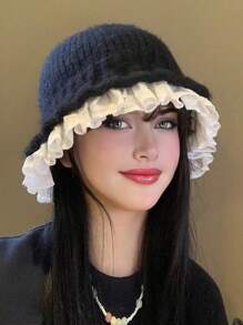 1 件女士纯色渔夫帽，秋冬蕾丝边针织渔夫帽，可爱简约时尚保暖护耳多功能，适合外出、日常使用、购物、旅行