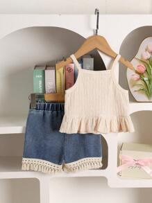 2pcs Baby Girl Boho Style Crochet Trim Camisole And Tassel Hem Denim Shorts Set - Apricot - View 2