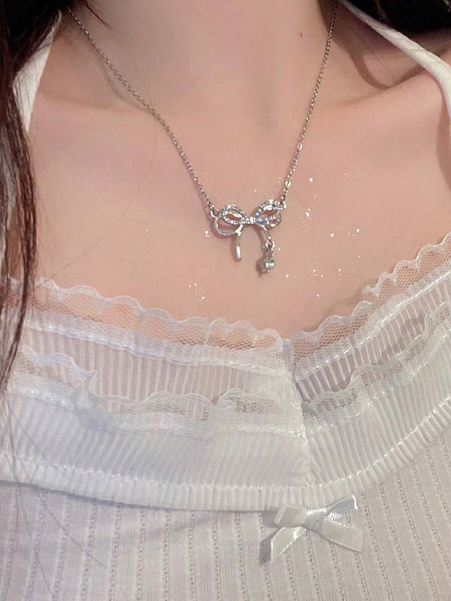 Butterfly Necklace With Rhinestone Decoration - Silver - View 1