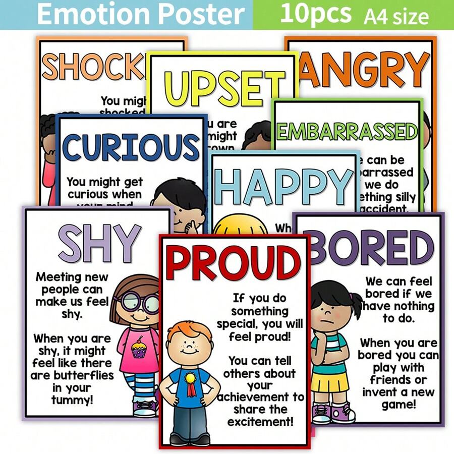 10 Carteles educativos de inglés sobre emociones para niños en edad preescolar, carteles de desarrollo infantil divertido y de aprendizaje para que los niños crezcan