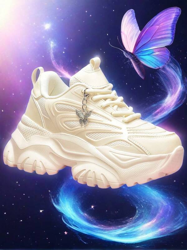 Women's Metal Silver Butterfly Decor Fashion Sneakers With Thick Solid Platform, 6cm Increased Height, Black High-Heel Shoes, Punk Style, Comfortable Warm For Autumn/Winter, Lightweight Breathable Mesh Athletic Shoes For Teenagers, College Students, Outdoor All Season, Soft Bottom Anti-Skid Running Shoes, Daily Casual, Date, Gym, Office Wear, Wedge Sneakers