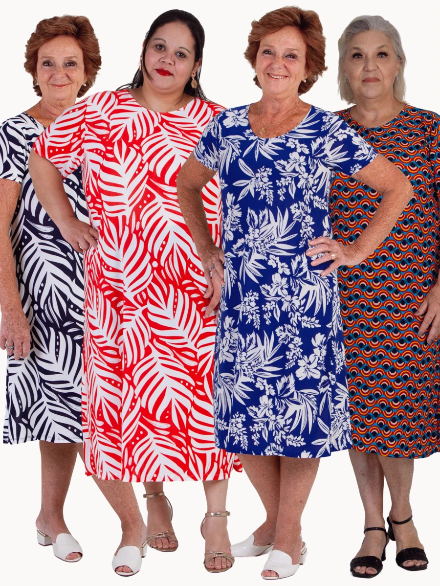 Kit 4 Ladies Cold Mesh Dress Loose Longuete Short Sleeve Curve Evangelical Fashion Midi Liganete Plus - 套裝 4 種各種印花 - 查看 1