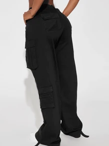 Women Casual Cargo Jeans, Multi-Pocket Straight Denim Pants, Street Fashion Denim Pants, Solid Color - 黑色 - 查看 5