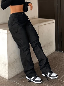 Women Casual Cargo Jeans, Multi-Pocket Straight Denim Pants, Street Fashion Denim Pants, Solid Color - 黑色 - 查看 2