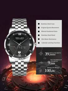 SOLLEN Silver‌ Luxury Men's Dress Watch, Stainless Steel Waterproof Business Casual Quartz Watch With Calendar, Fashionable Gift For Men