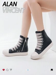 Alan Vincent Black Boots 2025 New Style Women Boots High-Top Women Lace-Up Zip Flat Boots Party Shoes For Women Daily Wear Ladies Shoes Casual And Versatile Fashion Sneakers Cute Boots