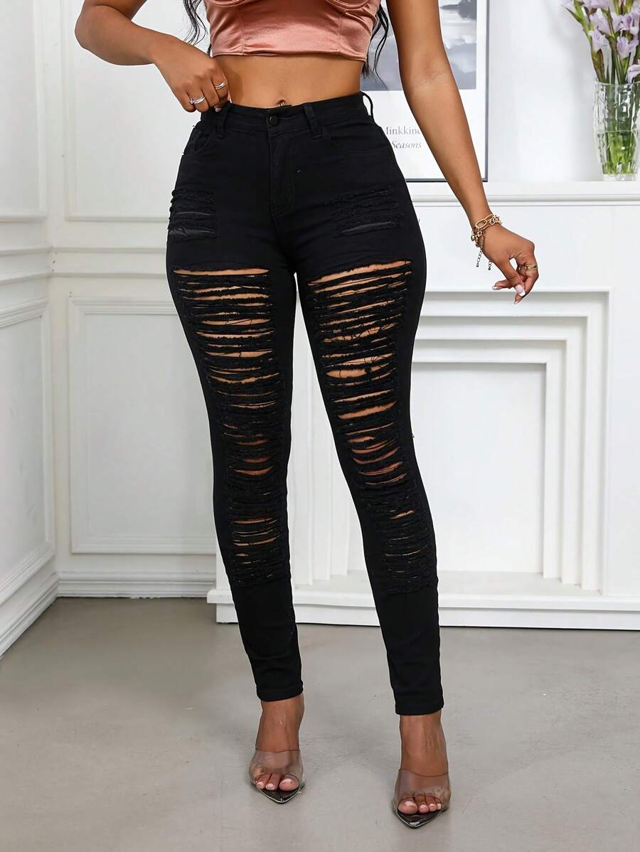 Sexyshine Women's High Waisted Skinny Destroyed Ripped Hole Denim Pants Long Stretch Pencil Jeans For Women - Black - View 1