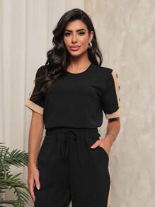 Trouser And Blouse Set With Button Detail On The Sleeves - Black - View 2