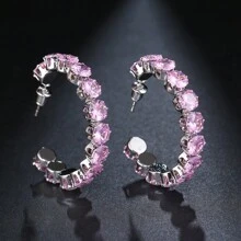 1 Par de Brincos de Botão Femininos Bonitos Pequenos e Redondos com Zircônia Rosa, Cor de Prata Antiquada, Jóias para Casamento, Noivado e Festa