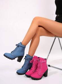 Giày bốt cổ ngắn buộc dây mũi tròn đế dày dành cho nữ, kiểu dáng thoải mái, đế cao chunky. - Màu xanh lam - Xem 4