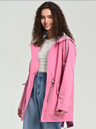 Women Spring/Fall Waterproof Long Windbreaker With Hood, Slim Lightweight Outdoor Jacket Pink Jacket