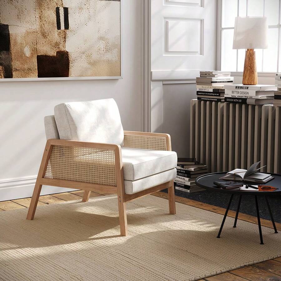 Living And Home Cushioned Wood Armchair - Beige - View 1
