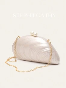 STEPHIECATHY 女款時尚迷人優雅壓克力手拿包，磁吸式開合設計，貝殼造型，可裝手機，長鍊斜背晚宴包，適合婚禮、晚宴、舞會、宴會等場合，亦適合作為禮物 - 米色 - 查看 4