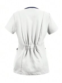 U4U Uniforms Filipina Lady V Neck Crossover With Elastic Back - 白色和海軍藍 - 查看 2