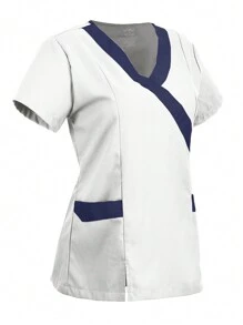 U4U Uniforms Filipina Lady V Neck Crossover With Elastic Back - 白色和海軍藍 - 查看 3