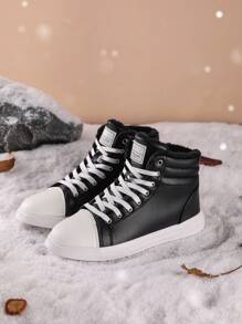 2 Pairs Women's Winter Thermal Lined Sneakers, Minimalist Letter Print Lace-Up High Top Casual Sports Outdoor Lightweight Fleeced Warm Shoes