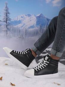 2 Pairs Women's Winter Thermal Lined Sneakers, Minimalist Letter Print Lace-Up High Top Casual Sports Outdoor Lightweight Fleeced Warm Shoes