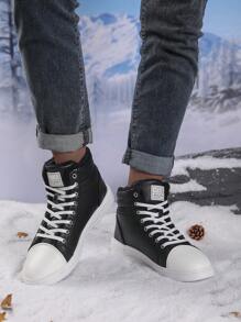 2 Pairs Women's Winter Thermal Lined Sneakers, Minimalist Letter Print Lace-Up High Top Casual Sports Outdoor Lightweight Fleeced Warm Shoes