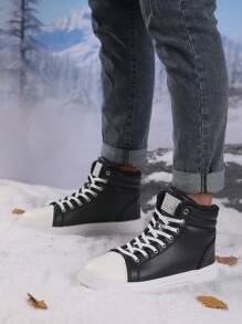 2 Pairs Women's Winter Thermal Lined Sneakers, Minimalist Letter Print Lace-Up High Top Casual Sports Outdoor Lightweight Fleeced Warm Shoes