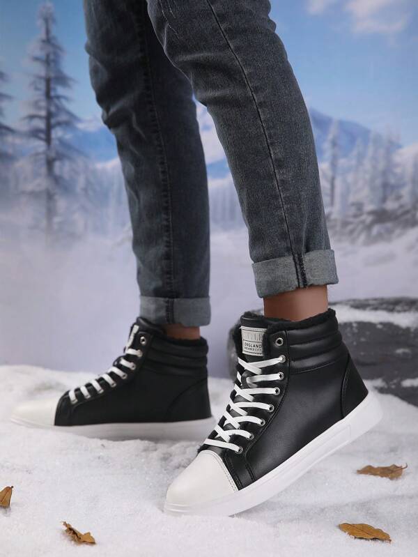 2 Pairs Women's Winter Thermal Lined Sneakers, Minimalist Letter Print Lace-Up High Top Casual Sports Outdoor Lightweight Fleeced Warm Shoes