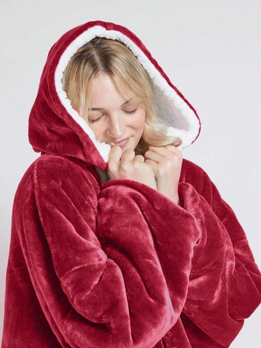 1 Piece Of Hoodie, Wearable Blanket, Comfortable And Warm TV Blanket, Fashionable And Simple, Enlarged And Thickened Winter Warm Men's And Women's Hoodie, Oversized Blanket, Sports Shirt, Super Soft, Warm And Comfortable Wearable Blanket, Hoodie, Thanksg - Red - View 1