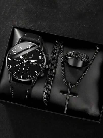 4pcs Men's Casual Quartz Watch Set With Black Dial & Stylish Accessories - Perfect Gift For Him On Father's Day, Valentine's, Easter, Birthdays & Christmas,Mom,Mother,Mother's Day,Gift