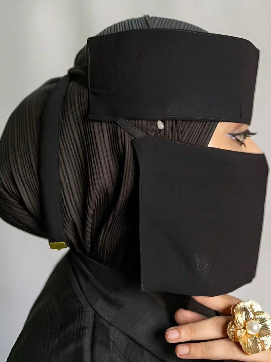 1pc Soft Solid Color Chiffon Decorated With Tie-Up Face Veil, Flexible Fastener Conservative Arabian Style Modest Veil, Suitable For Daily Use, Black Veiled Clothes,Abayas Accessories Soft Hijab