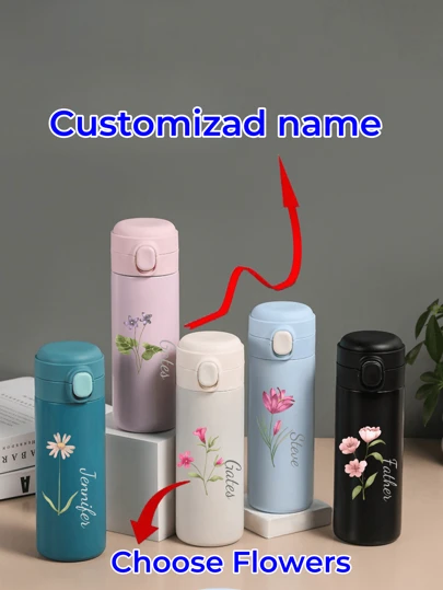 1 peça de mini copo de ervilha com nome personalizado e design floral, bonito e compacto, garrafa de água de presente publicitário com vácuo de camada dupla, tampa de retorno, copo fácil de limpar, requintado, personalizado de alta qualidade, personalizado, único, presentes ideais para ela, namorado, namorada, pai, mãe, família, amigos, filho, filha, estudantes, trabalhadores, escola infantil, casa, escritório