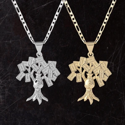 dollrinboy 1 pieza Collar con colgante de árbol de billetes de 100 dólares chapado en oro de 14K para mujeres y hombres, colgante de árbol de dinero con cadena Figaro plana de 3 mm