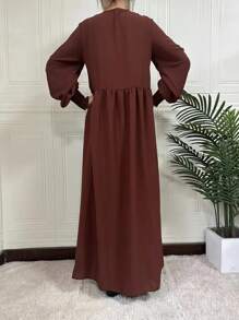女士纯色前拉链长袖褶饰简约长袍连衣裙 - 深棕色 - 查看 4