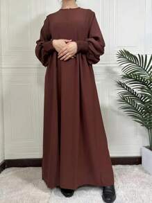 女士纯色前拉链长袖褶饰简约长袍连衣裙 - 深棕色 - 查看 2