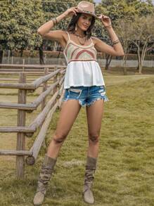 Top de punto blanco sexy con escote en V, agujeros, para vacaciones en la playa, fiestas, festivales de música como Coachella, con volantes y espalda descubierta de ganchillo
