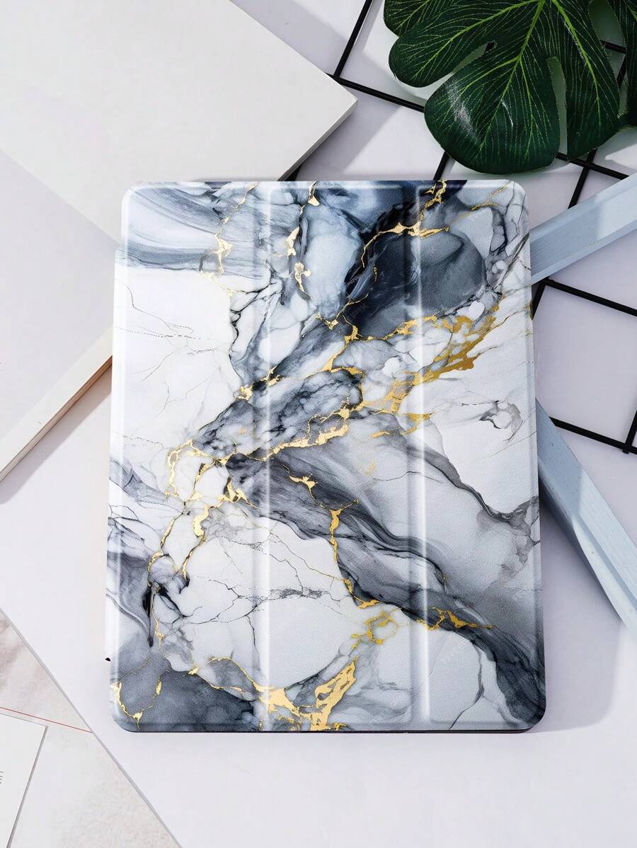 Ayotu 1 pieza Funda protectora con diseño de mármol gris y dorado, compatible con Samsung, Apple, Redmi, tablets, con ranura para lápiz y función de suspensión/activación automática - Multicolor - Ver 1