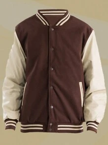 Mens Melton Faux Leather PU Sleeve Letterman Varsity Jacket Casual New Autumn Men Jacket - 棕色 - 查看 1