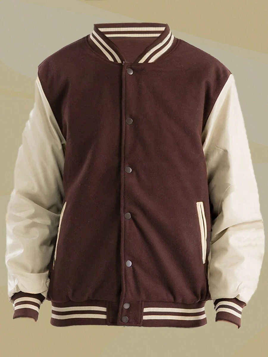 Mens Melton Faux Leather PU Sleeve Letterman Varsity Jacket Casual New Autumn Men Jacket - 棕色 - 查看 1