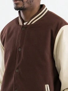 Mens Melton Faux Leather PU Sleeve Letterman Varsity Jacket Casual New Autumn Men Jacket - 棕色 - 查看 5