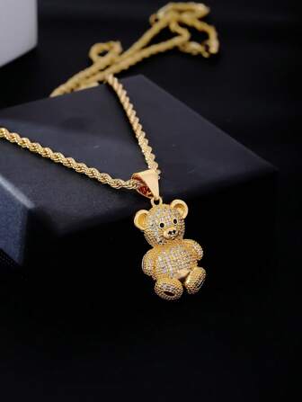 1pc Gold-Toned Fashionable Copper Little Bear Pendant Necklace With Cubic Zirconia