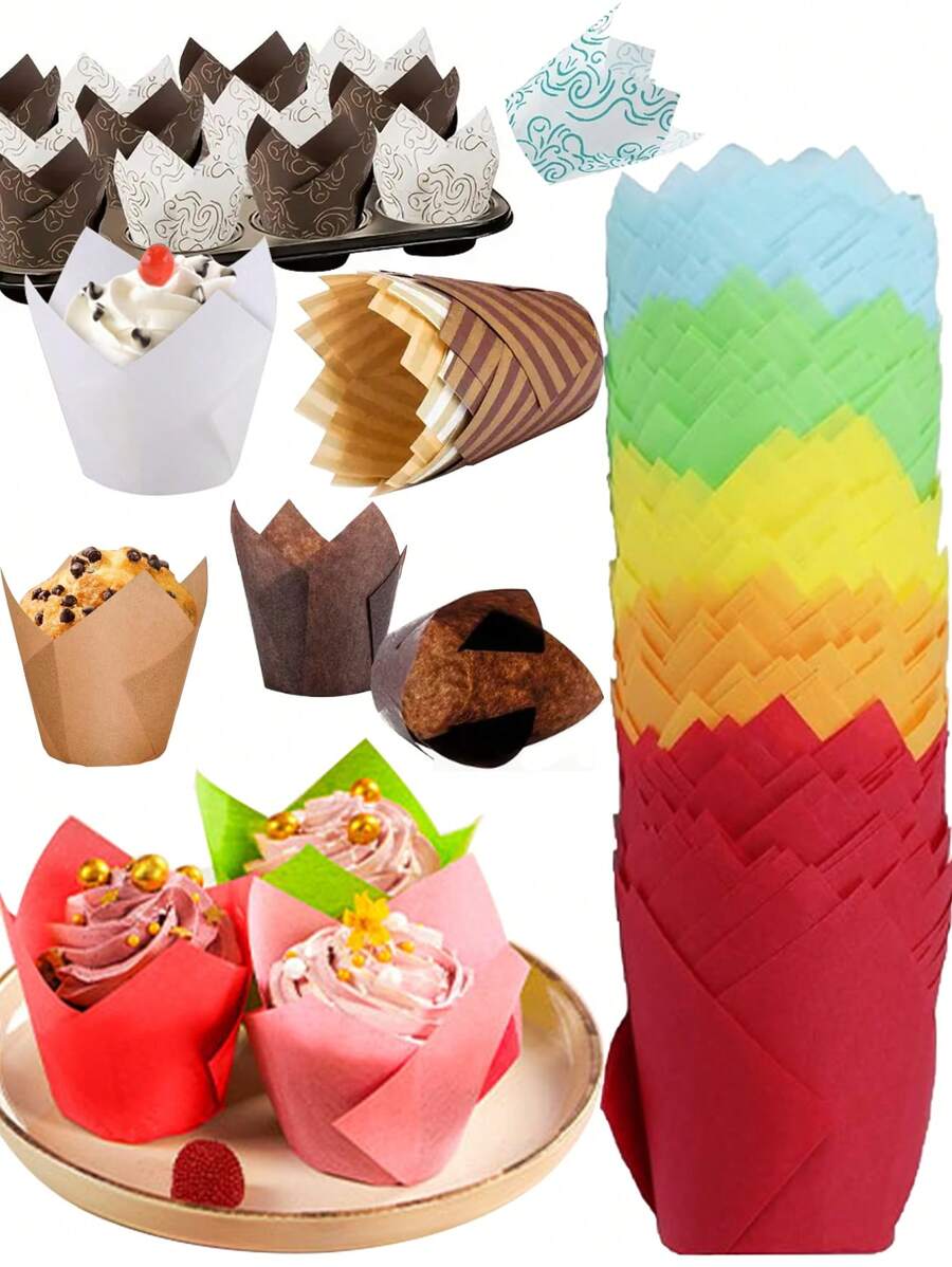 迷你郁金香纸杯蛋糕衬垫 - 多种颜色，烘焙杯，郁金香松饼衬垫，适合派对、圣诞节、复活节 - 彩色 - 查看 1