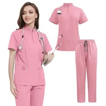 1 Set Women's Short Sleeve Zipper Scrub Uniform Suit With Stand Collar & Pocket, Made Of Polyester Fleece, Loose Fit Nurse Scrub Uniform Suitable For Hospital Work - Pink - View 3