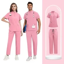 1 Set Women's Short Sleeve Zipper Scrub Uniform Suit With Stand Collar & Pocket, Made Of Polyester Fleece, Loose Fit Nurse Scrub Uniform Suitable For Hospital Work - Pink - View 7