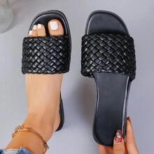 New Versatile Strap Thick Sole Open Toe Sandals, Woven Checkered Anti-Slip Beach Slippers For Women, Plus Size 35-43, Summer