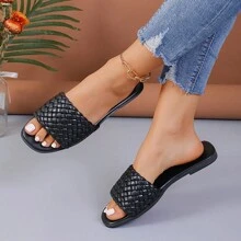New Versatile Strap Thick Sole Open Toe Sandals, Woven Checkered Anti-Slip Beach Slippers For Women, Plus Size 35-43, Summer